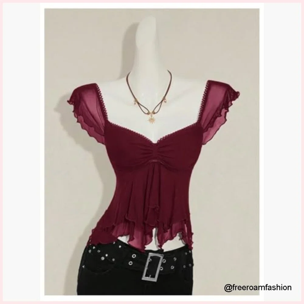 Sheer Mesh Ruffle Tank Top Sweetheart Neck Crop Top Slim Fit - Picture 5 of 5